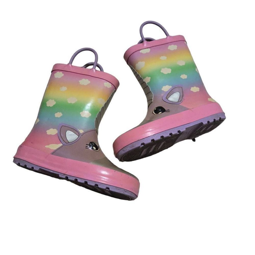 Unicorn Kids Rubber Rain Boots Size 9/10 Childrens Slip on Pink handled